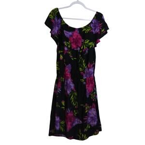 Riviera Sun Rayon Crepe Printed Short Dress Black Floral Vacation Size XL